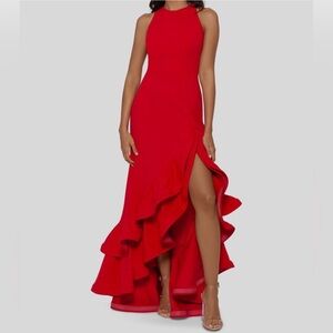 Betsy & Adam Women's Halter Neck Ruffle Tier Scuba Crepe Gown